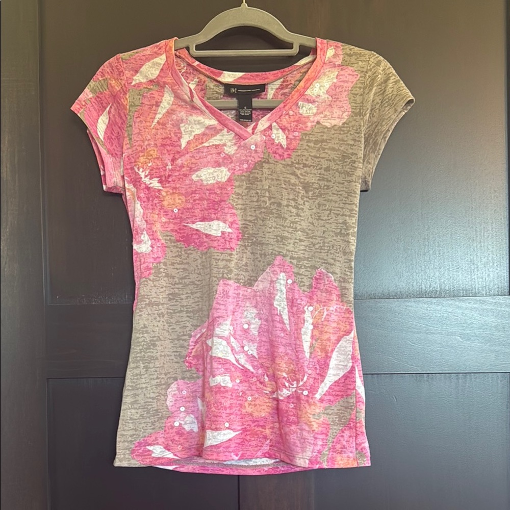 INC International Concepts Pink and Brown Floral Short Sleeve Top